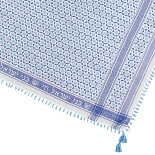 Mosaic Woven Cotton Scarf with Tassels, Blue and White2