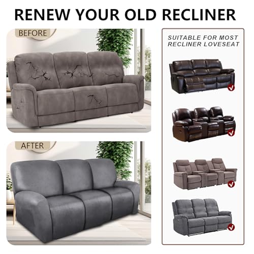 Image of ANARACHON Recliner Couch Cover Leather Look Recliner Sofa Covers for 3 Cushion Reclining Sofa Slipcovers 8-Pieces Furniture Protector Spandex Fabric Washable (3 Seater, 01 Light Grey)