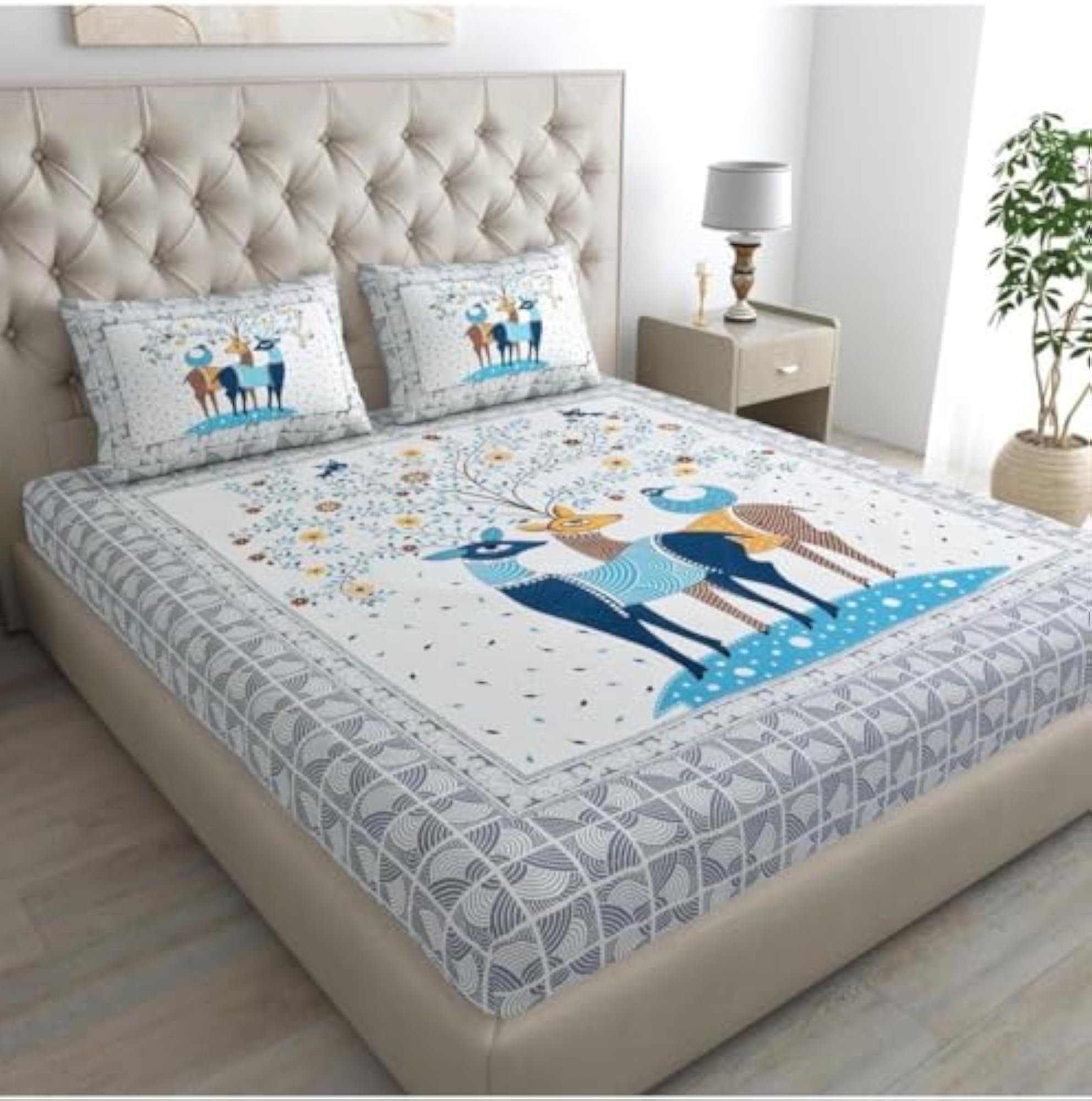 Cotton Printed Bed Sheet with Pillow Case, Grey Floral Design
