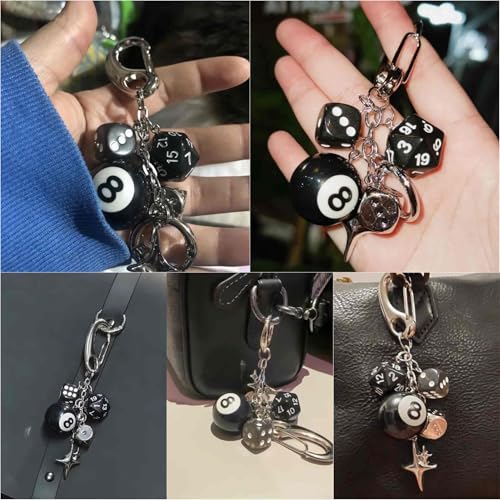 Image of magic 8 ball dice keychain, cute aesthetic y2k pool ball star key chain for men, purse bag charms for handbags backpack, billiards gifts for men