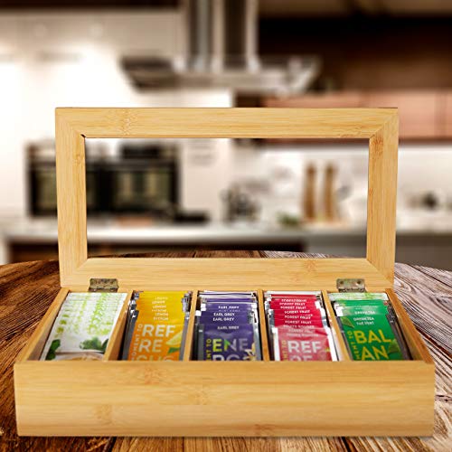 Relaxdays Tea Box, 5 Compartments, Organiser Chest, H x W x D: 9 x 37 x 20 cm, Bamboo, Natural - Image 2