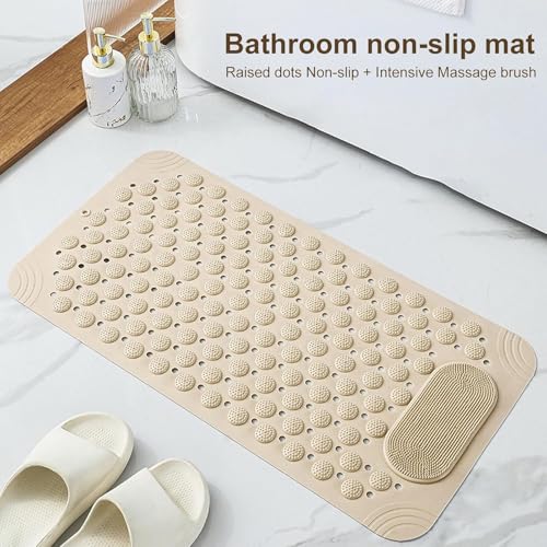 Image of VHKD PVC Bathroom Door Bath mat Anti Slip Skid with Foot Scrubber for Room Shower Suction Cups Drain Holes Silicone Floor mat Rectangle (Beige) 70x35cm