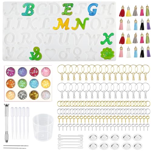 Doacoe 197 Pezzi Moldes Letras Resina Epoxi Kit moldes Alfabeto y Numeros Molde Silicona Resina Epoxi Letras Kit de Molde con Accesorios para Resina Llaveros Kit Iniciación