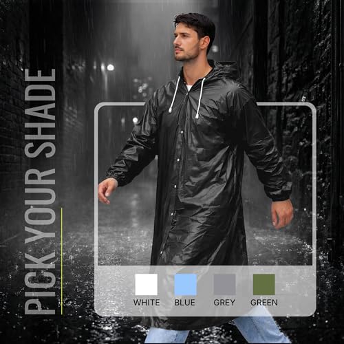 Image of Robustt EVA Reusable Raincoat with Hood (Black) - Pack of 1 | Elasticated Full Sleeves Outdoor Waterproof Raincoat for Men & Women | Rainwear | Button Closure | Knee Length | Universal Fit