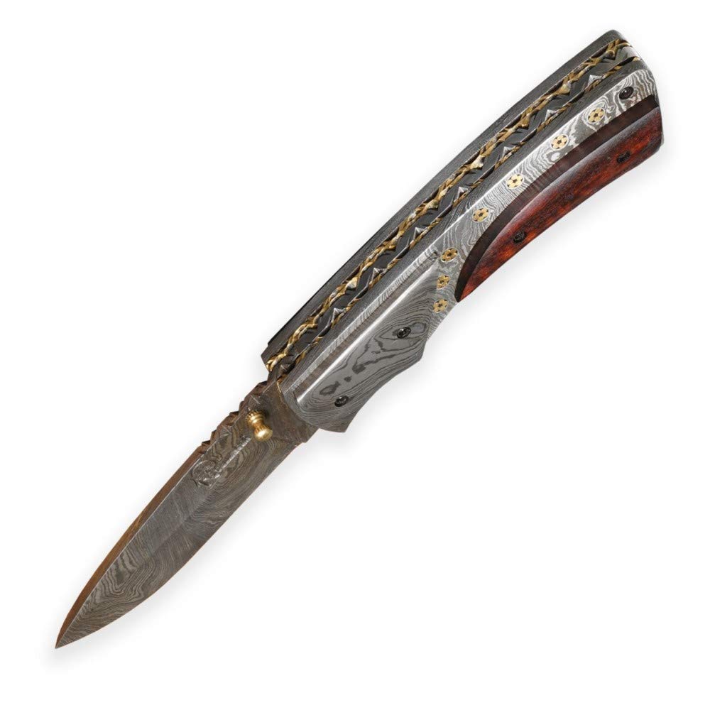 DELLINGER Damask Star & adamaszek scyzoryk i nóż składany, nóż ze stali damasceńskiej, nóż do użytku na zewnątrz, nóż ze stali damasceńskiej, ostrze 9 cm