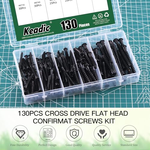 Keadic Tornillos Confirmat de 130Pcs, Cabeza Plana, Zinc Negro miniatura 7