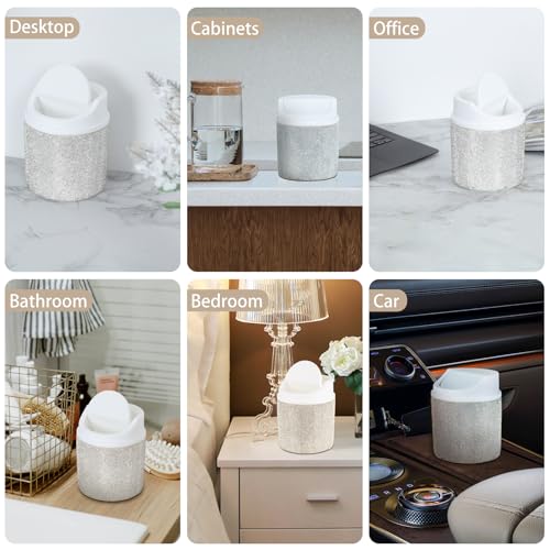 Image of KEYPOWER Bling Rhinestone Mini Plastic Trash Can Cute Small Waste Can with Swing Lid,Suitable for Home Countertop,Car,Table Desk,Office (White)