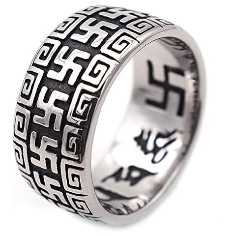 JAJAFOOK Men's Stainless Steel Ring Silver Lucky Charm Buddhist Swastika Spell Ring Religious Ring, stainless steel Cover