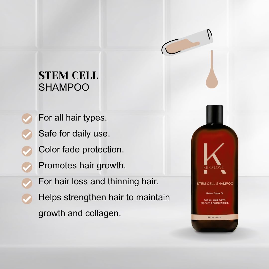 Keralove Shampoo - Vegan, Sulfate Free Hair Regrowth Shampoo with Stem Cell, Keratin, Collagen, Biotin, Castor and Rosemary Oil for Hair Loss and Thinning Hair, 16 fl oz