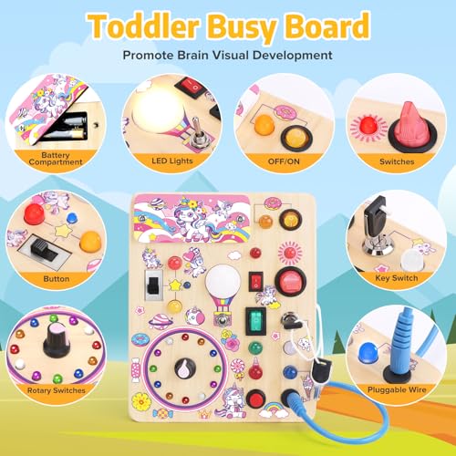 Unicorn Toddler Toys Montessori Busy Board for 1 2 3 Year old Boys Girls Wooden Toys with With 10 Switches and 23 LED Lights Switch toy Sensory Learning Toys 1 2 Year old Baby Girls Boys Gifts - Image 2