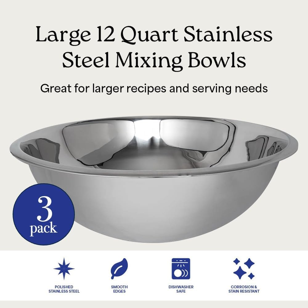 WHYSKO® Large Mixing Bowls, Set of 3 Stainless Steel 12 Quart Bowls for Restaurants, Food Service, Caterers and Home Kitchen Use, Rust Proof Bowls Great for Meal Prep, Baking, Serving, Food Storage