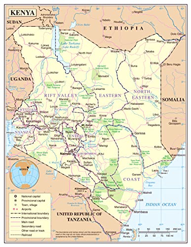 Palmetto Posters 24x31 Laminated Poster: Large detailed political and administrative map of kenya with roads railroads national parks cities and airports