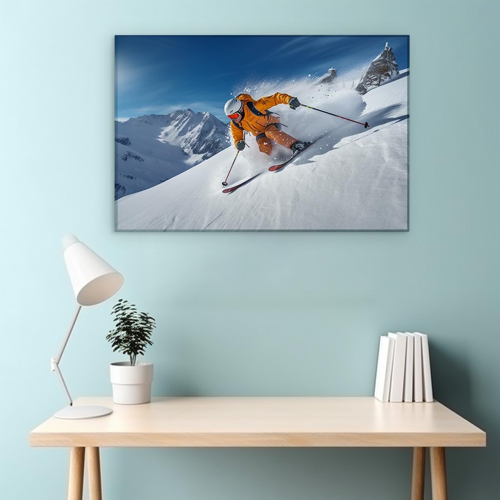 Canvas for Living room. Skiing into Serenity: Embracing the Rush Amidst Snow-Capped Splendors, 27 x 18 inch Canvas Wall Art - Contemporary Masterpieces - Modern Home Decor