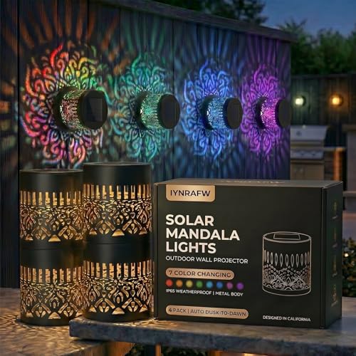 IYNRAFW Solar Mandala Lights Outdoor Wall Projector Metal 7 Color Changing IP65 Waterproof Decorative Mounted Wireless Night Lighting for Yard Patio Fence Deck Pathway Garden Decor and Holiday Gifts