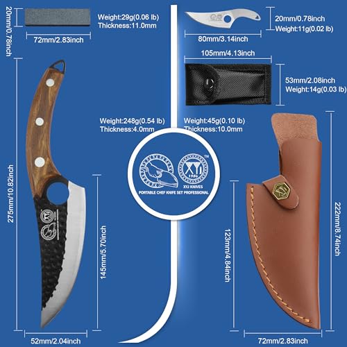 سكين نزع العظم XYJ بطول 6 بوصات من الستانلس ستيل بشفرة كاملة، سكين شيف وسكين صيد مزودة بغمد جلدي، سكين مطبخ خارجية وسكين جزارة للcamping والمطبخ أو الشواء في الهواء الطلق