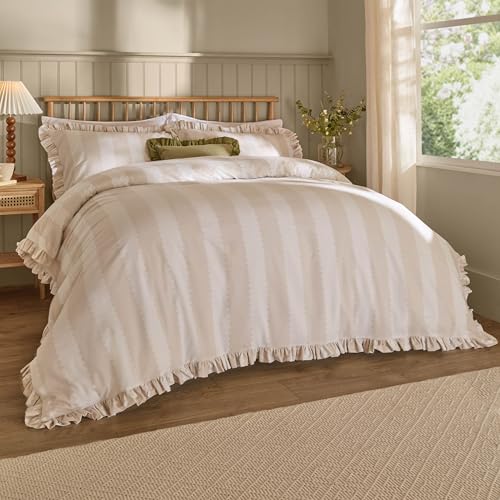 Image of Wylder Birdie Stripe Duvet Cover Set – Reversible Ruffled Cotton Rich Striped Bedding (Oat/Milk - Double)