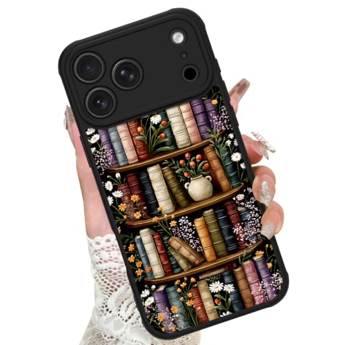 Image of KANGHAR Case for iPhone 17 Pro Max Bookshelf Floral Black | [Compatible with for Magsafe] Cute Vintage Flowers Protective Magnetic Case for Girls Women