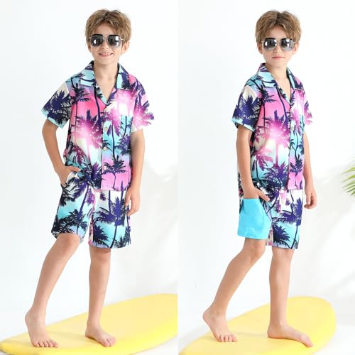 Image of Weixinbuy Boys Summer Outfits Short Sleeve Hawaiian Shirt and Shorts Vacation Set for Kids Summer Clothes Set