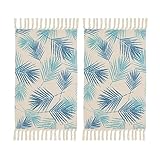 LOLAhome Set de 2 Alfombra Hojas Flecos Azul algodón poliéster de 50x80 cm