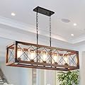 Sdorens Wooden Kitchen Island Lighting, 5-Light Dining Room Light Fixtures Over Table, Farmhouse Linear Chandelier for Dining Room, Pool Table Pendant Light with Seeded Glass Shade