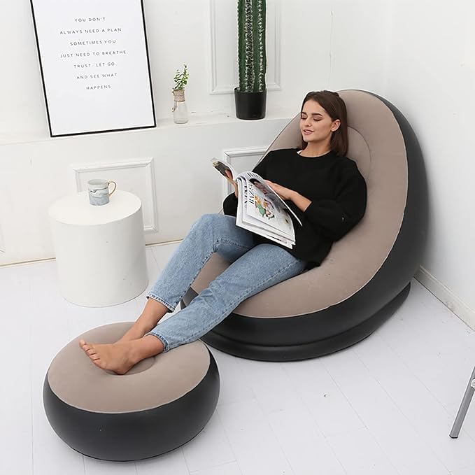 Image of Inflatable Recliner Sofa with Footrest & Air Pump, Portable PVC Air Lounge Chair for Living Room, Bedroom & Indoor Use, Foldable Lightweight Reclining Sofa Chair, Beige