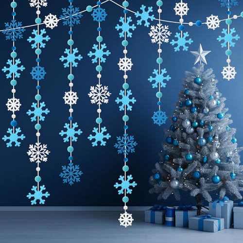 Hahafelt 6 Pack 39Ft Snowflake Garland Felt Winter Decoration Blue and White Snowflake Garland Backdrop Pre-Assembled Hanging Snowball Banner with Ceiling Hooks for Christmas Birthday Party