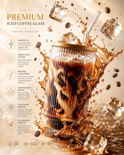 Image of COOLBIT 320ml Glass Sipper with Straw and Lid | Ribbed Glass Tumbler with Bamboo Lid | Reusable Drinking Glass for Coffee, Juice, Smoothie & Cold Drinks
