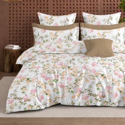 Image of DECOR2ADMIRE 300 TC Super King Size Glace Cotton Printed Bedsheet with 2 Pillow Covers - 108 inch x 108 inch (275cm x 275cm) - Available in Multiple Elegant Designs (Soft Bloom Elegance)