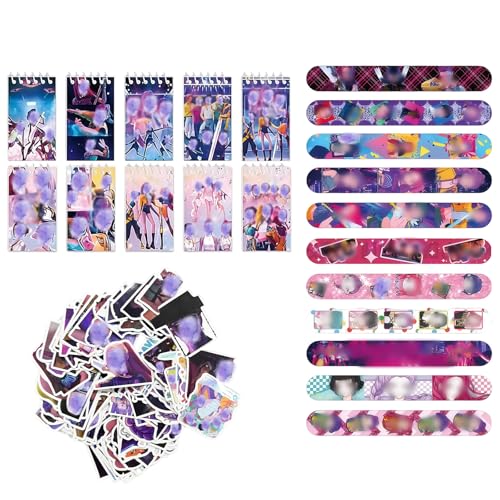Zueyen 126 Pièces Set de Fête Anime pour Enfants - Cadeaux d'anniversaire avec 12 Bracelets Claquants, 10 Carnets de Notes et 104 Autocollants en Vinyle pour Garçons, Filles et Ados