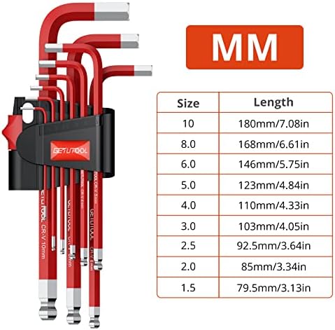 GETLITOOL Allen Key Set, 9 PCS Ball End Hex Key Set, Cr-V Metric Allen Wrench Set 1.5-10mm with Size-Marked & Storage Rack for Bicycle Repair, Furniture Assembly, Appliance Repair