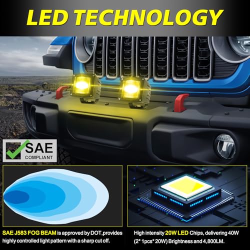 Image of 3 inch SAE Yellow Fog Lights DOT Approved Square LED Cubes for Trucks | Street Legal SAE DOT Fog Light, Cut-off Beam Fog Beam