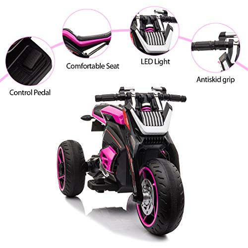 TOBBI 12V Kids Ride On Motorcycle Toys 3 Wheels Electric Trike Motorcycle for Boys and Girls in Rose Red