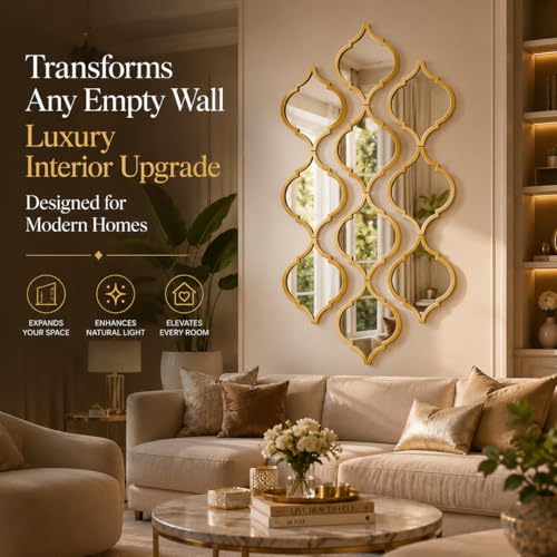 Image of Set of 9 Quatrefoil Wall Mirrors - Decorative Moroccan Lattice Accent Mirrors - Interlocking Geometric Wall Art for Living Room, Entryway, and Bedroom Decor (Gold)