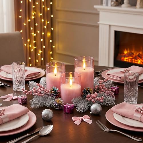 Image of Homemory Pink Glass Flameless Candles, Battery Operated LED Pillar Candles with Remote & Timer, Real Wax Flickering Candles, Romantic Decorative Lights for Home Wedding Party, Set of 3