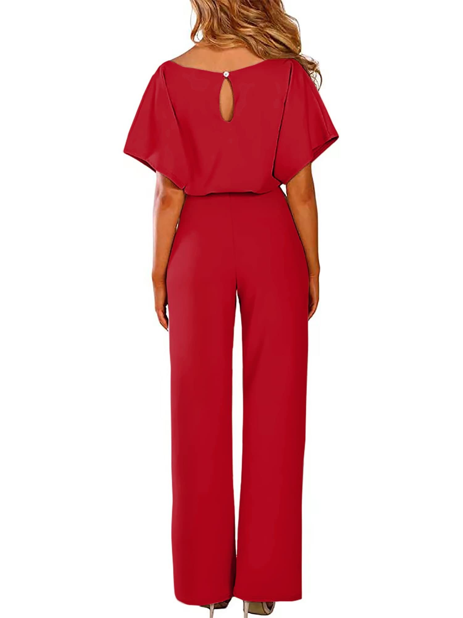 AUXDIO Tuta da donna casual a maniche corte con scollo rotondo e cintura a gamba larga, Rosso, Medium