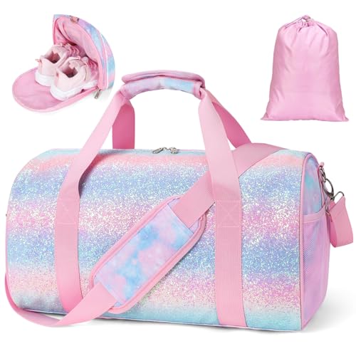 BrainyBees Dance Bag for Girls - Kids Duffle Bag with Shoe Compartment and Wet Pocket, Water Resistant Kids Weekender Overnight Travel Luggage for Ballet Gymnastics Sports(Tie-Dye Pink)