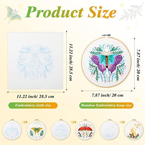 4 Set Moth Embroidery Kit For Beginners Adults Moth And Moon Cross Stitch Cloth Diy Needlepoint Kits With Patterns And Instructions, Embroidery Hoops, Colored Threads, Needles And Needle Threader #TOP1
