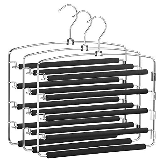 SONGMICS Pants Hangers Space Saving, 5 Layer Pants Hangers, Set of 3 Multiple Pant Hanger, Pants Organizer Hanger, Swing Arm Pants Hangers with Non-Slip Padding, Silver and Black UCRI041BK