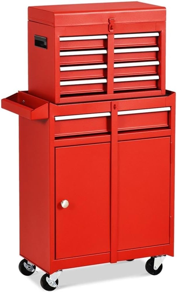 Pemberly Row 5-Drawer Rolling Tool Chest Cabinet, Steel Construction, Red Finish, Lockable Wheels, Detachable Design, Adjustable Shelves, Garage or Workshop Tool Storage