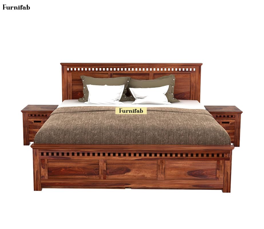 Image of Solid Sheesham Wood Queen Size Bed with Side Drawers Storage and Headboard | Durable Wooden Double Bed Cot Palang Furniture for Bedroom, Living Room, Hotel, Home and Guest Room (Honey Finish)