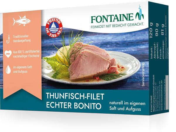 Fontaine - Thunfisch Echter Bonito naturell – 120 g – 5er Pack - Premium Thunfischfilets im eigenen Saft und Aufguss, aus 100% zertifizierter, nachhaltiger Fischerei und kontrolliertem Anbau