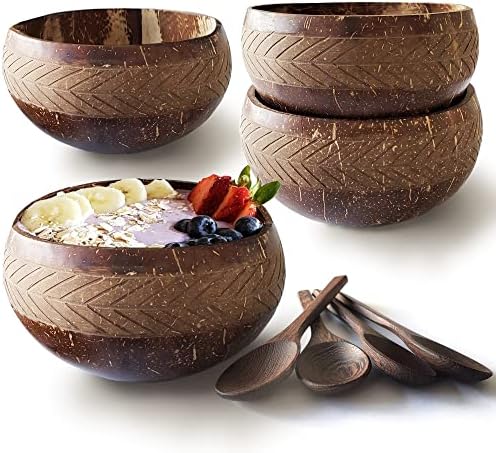 NAYOMI Coconut Bowls with Spoons - Artisan Handmade Designs on Coconut Bowl Set of 4 for Acai Bowls, Buddha Bowls, Smoothie Bowls and Spoons. Eco-friendly and Vegan Coconut Shell Bowls