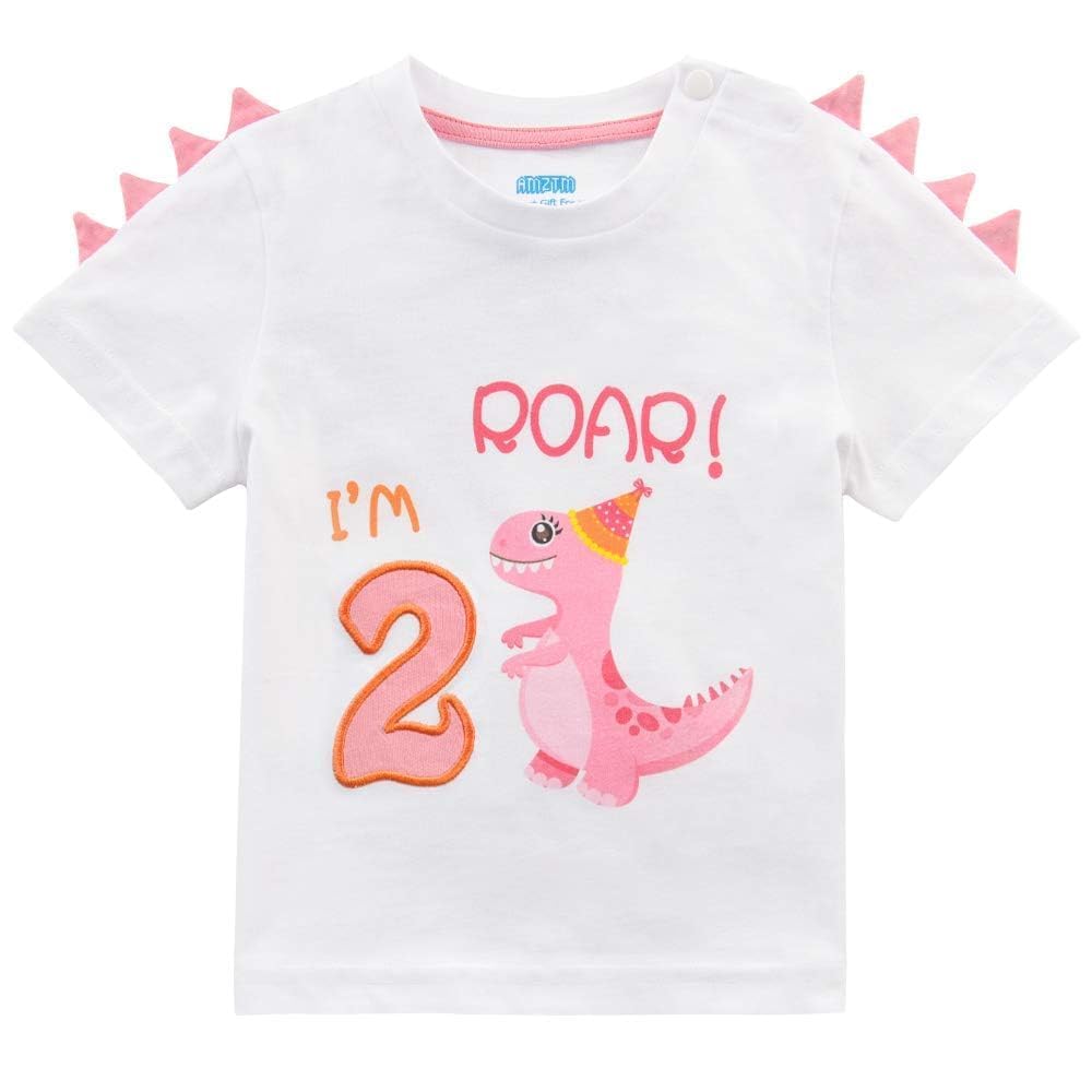 AMZTM Camiseta 2er Cumpleaños Bebé Niña Dinosaurio Cumpleaño Fiesta Manga Corta (100, Blanco)