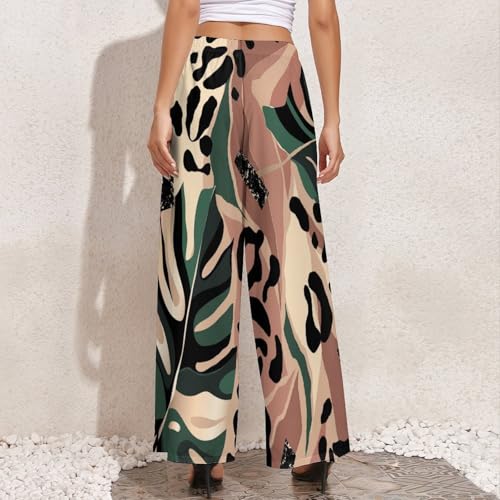 Womens Wide Leg Pants Animal Skin with Flowers Casual High Waist Long Palazzo Pants Lounge Beach Trousers4