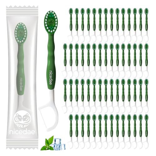 nicedae Disposable Mini Travel Toothbrush Bulk with Toothpaste 5in1 60Ct Portable Toothbrushes Set Floss Pick Tongue Scraper Cruise and Travel Essentials (Green)