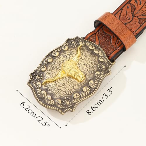 Western Pu Leather Belt - Mens Brown/Black Belt with Long Horn Bull Western Buckle - For Jeans3