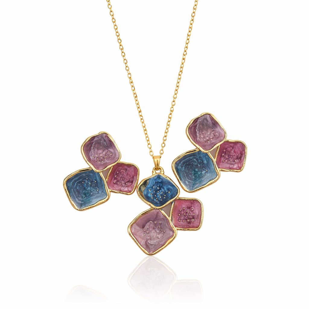 Western Jewellery Set Gold Plated Stainless Steel Multicolor Enamel Necklace Earrings Set for Women | Geometric Designer Statement | Premium Lightweight Finish-image-36