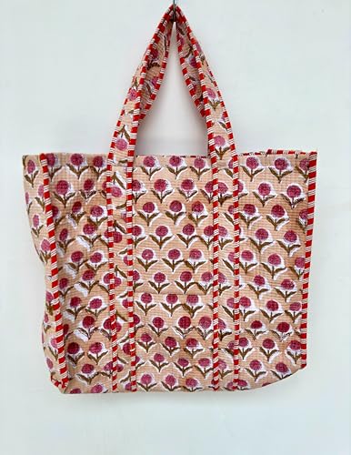 Image of Quilted Cotton Handprinted Reversible Large multicolor Floral Tote Bag,Hand Block Print Shopping Shoulder Carry Bag