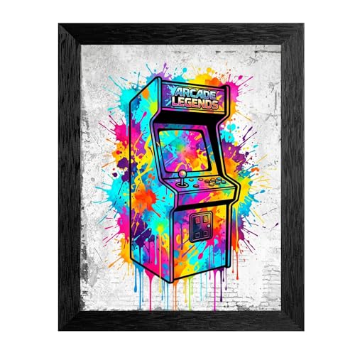 Framed Canvas Wall Art Modern Graffiti Arcade Cabinet Vibrant Neon Watercolor Splatter and Paint Drips Canvas Print Poster Black Frame Wall Decor for Game Room Office Retro Gaming, Urban - Inch 24x36