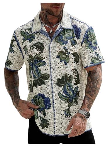 GORGLITTER Men's Striped Button Down Knit Shirts Short Sleeve Crochet Collared Cardigan Hollow Out Tops